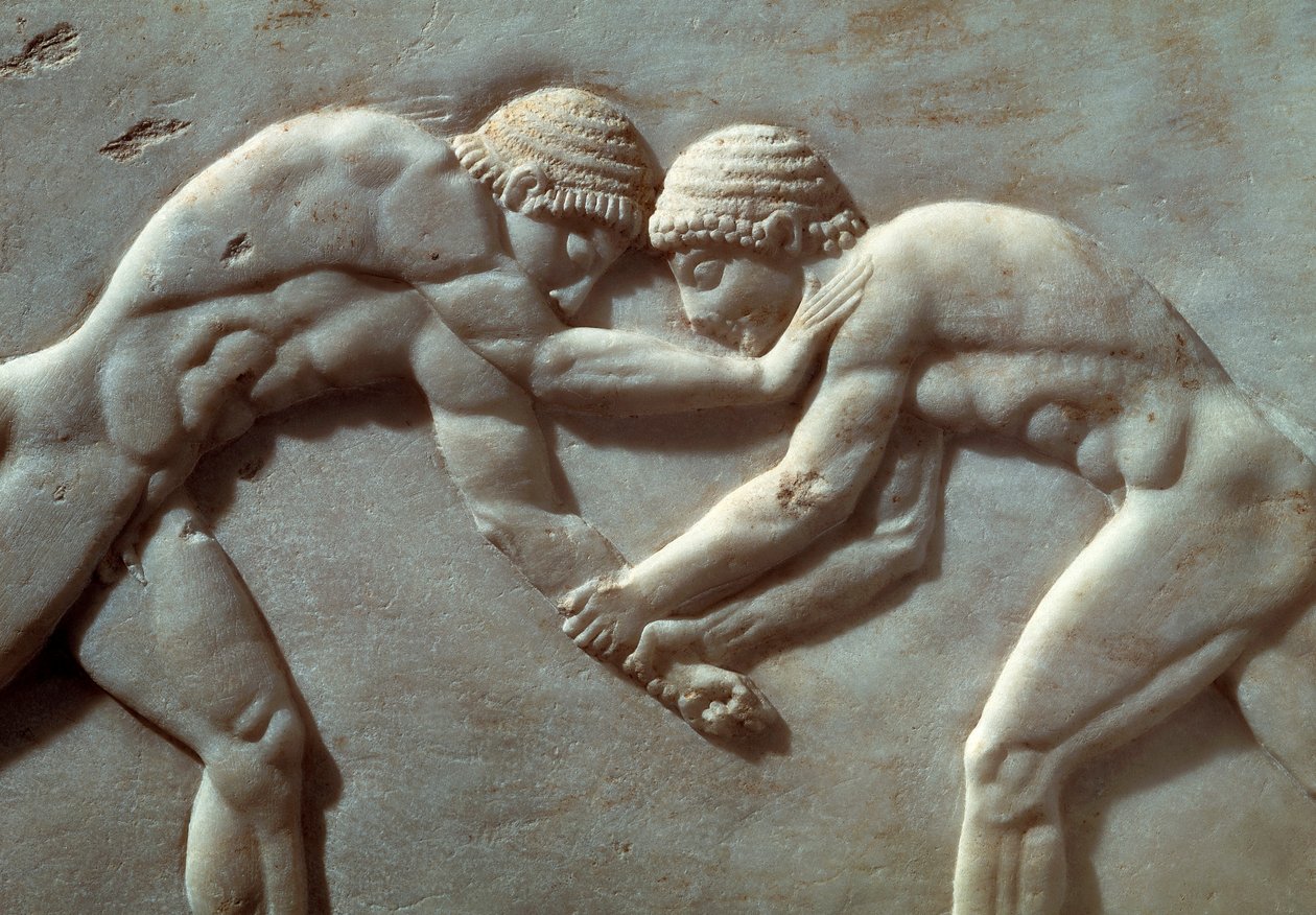 Konkurranse mellom idrettsutøvere, lettelse fra Necropolis of Kerameikos i Athen, Hellas, detalj, gresk sivilisasjon, 6. århundre f.Kr. av Greek School
