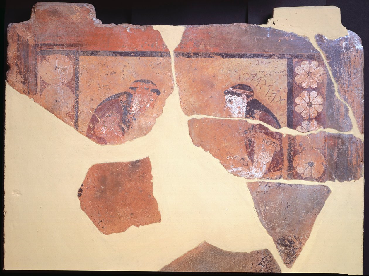 Datter av Pandion, kongen av Athen, ca 630 f.Kr. malt terrakotta-metope fra Temple of Apollo i Thermos, Hellas, gresk sivilisasjon, 7. århundre f.Kr. av Greek School