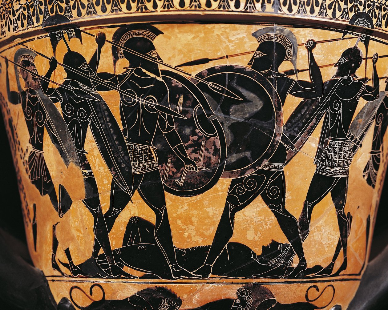 Gresk sivilisasjon, keramikk med svarte figurer, Krater som skildrer kampen om kroppen til Patroclus, Fra Farsala, Hellas av Greek School