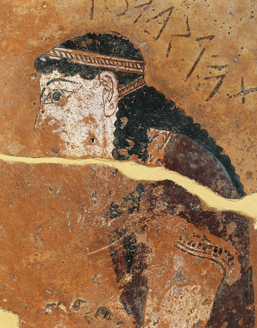 Malt terrakotta-metope som skildrer Philomela, datter av den athenske kongen Pandion, fra Temple of Apollo, Thermos, Hellas av Greek School