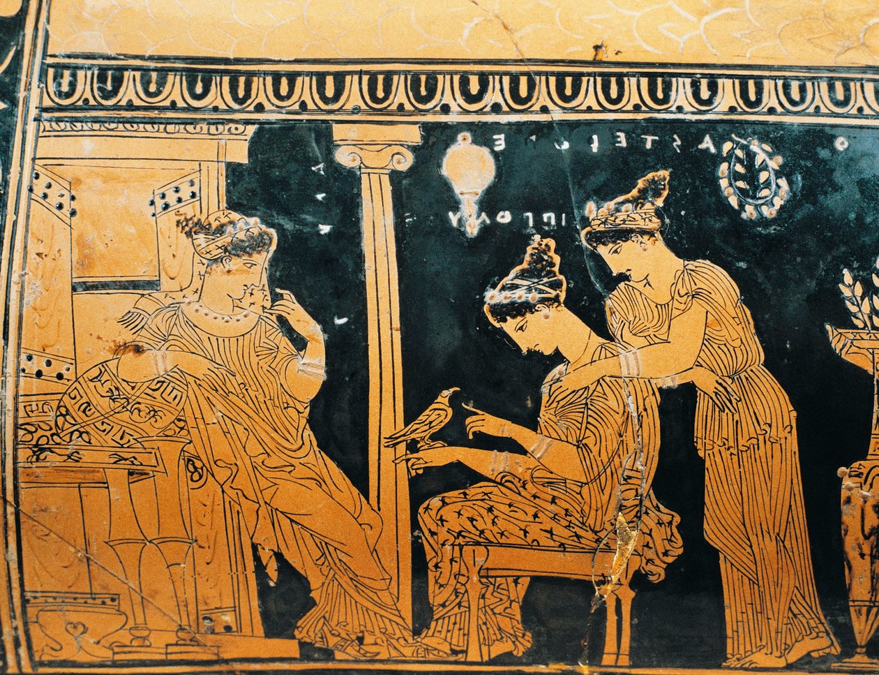Keramikk med rød figur, Epinetron av Eretria Painter som viser kvinnen på toalettet hennes, detalj av Greek School