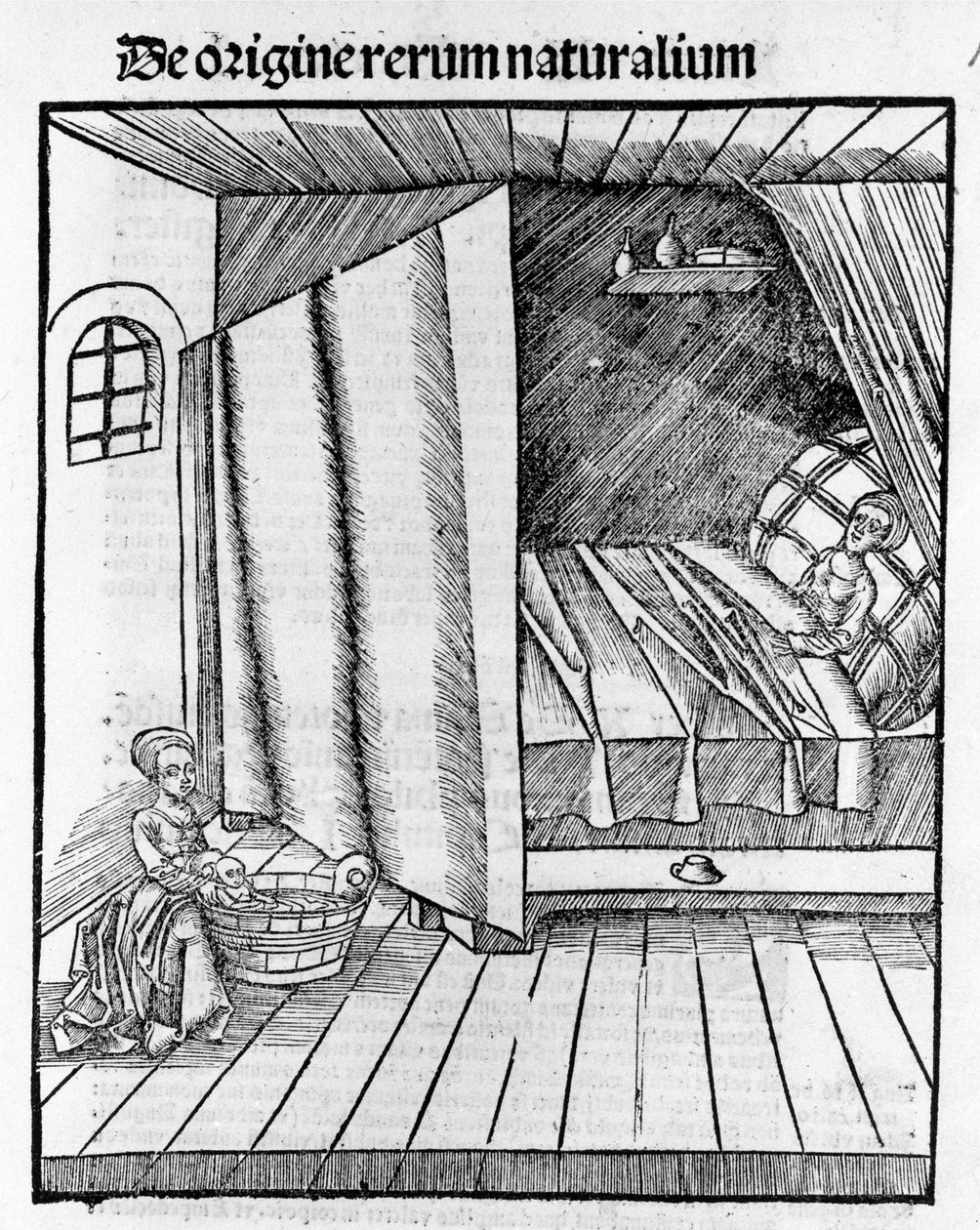 En jordmor renser den nyfødte babyen mens moren hviler. Gravering - i "" Margarita Philosophica"" av Gregor Reisch (1467-1525), Basel av Gregor Reisch