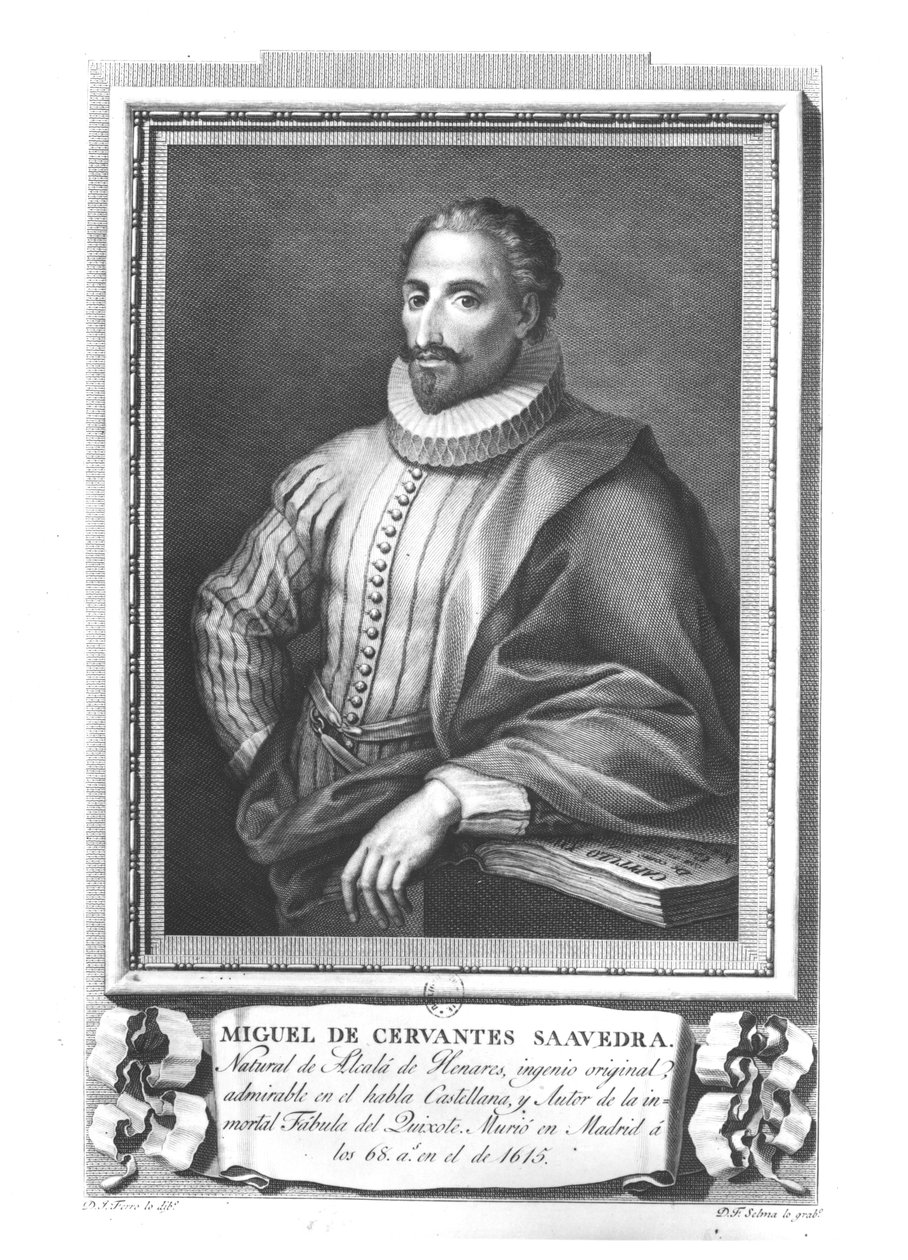 Portrett av Miguel de Cervantes Saavedra (1547-1616) gravert av Fernando Selma (1752-1810) av Gregorio Ferro