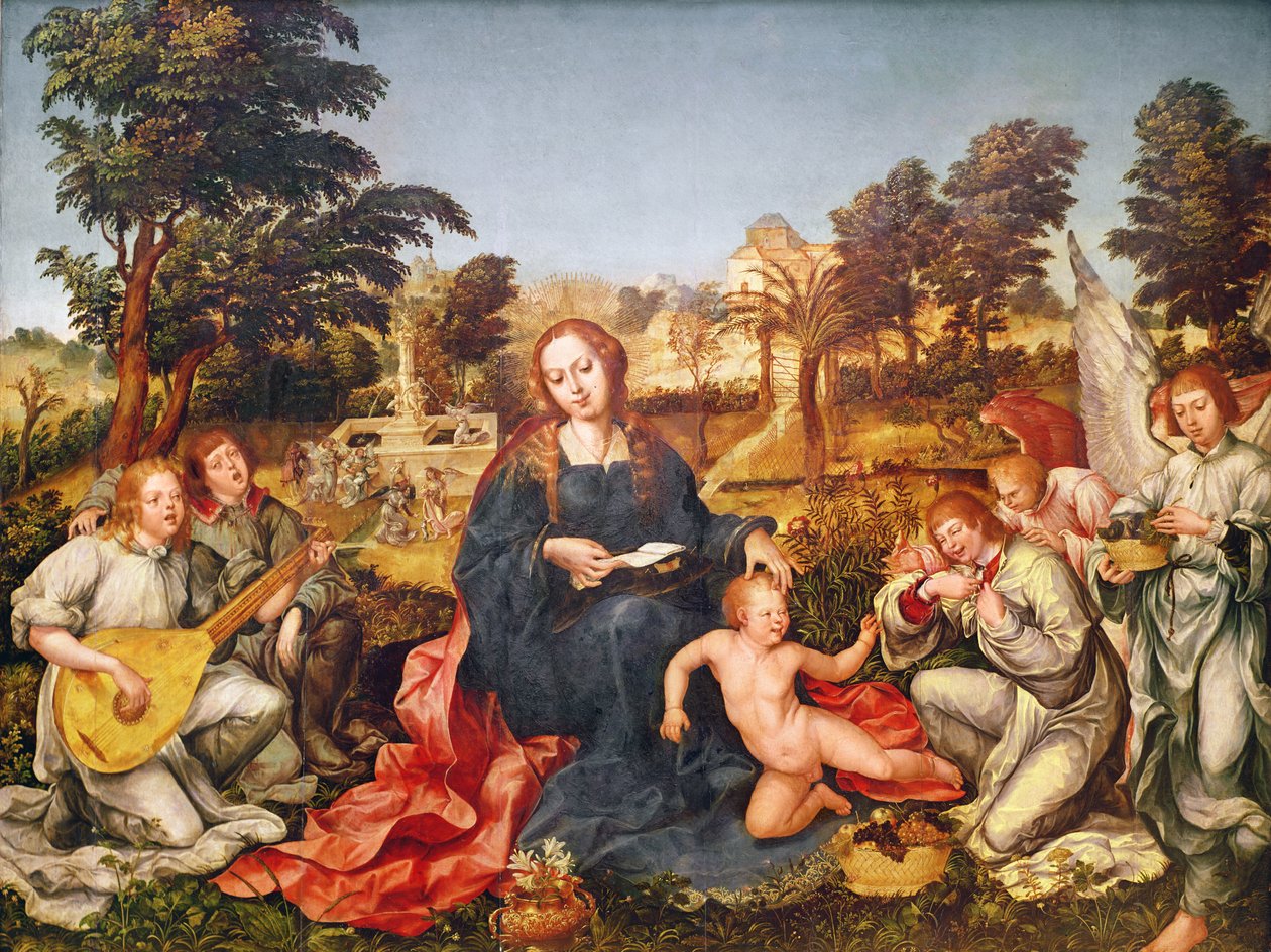 Jomfru og barn og engler, 1536-38 av Gregorio Lopez