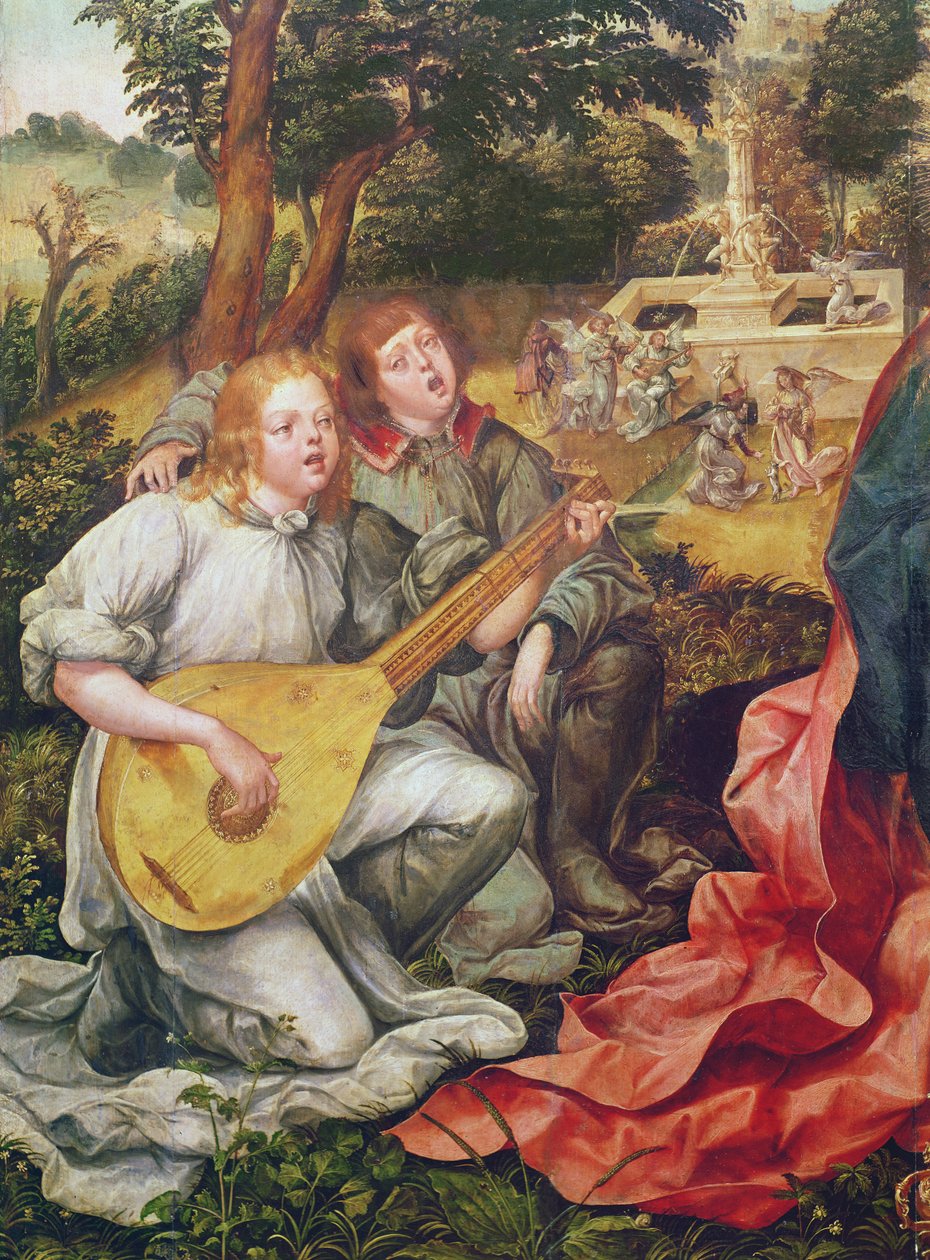 Jomfru og barn med engler, detalj av Angel Musicians, 1536-38 av Gregorio Lopez