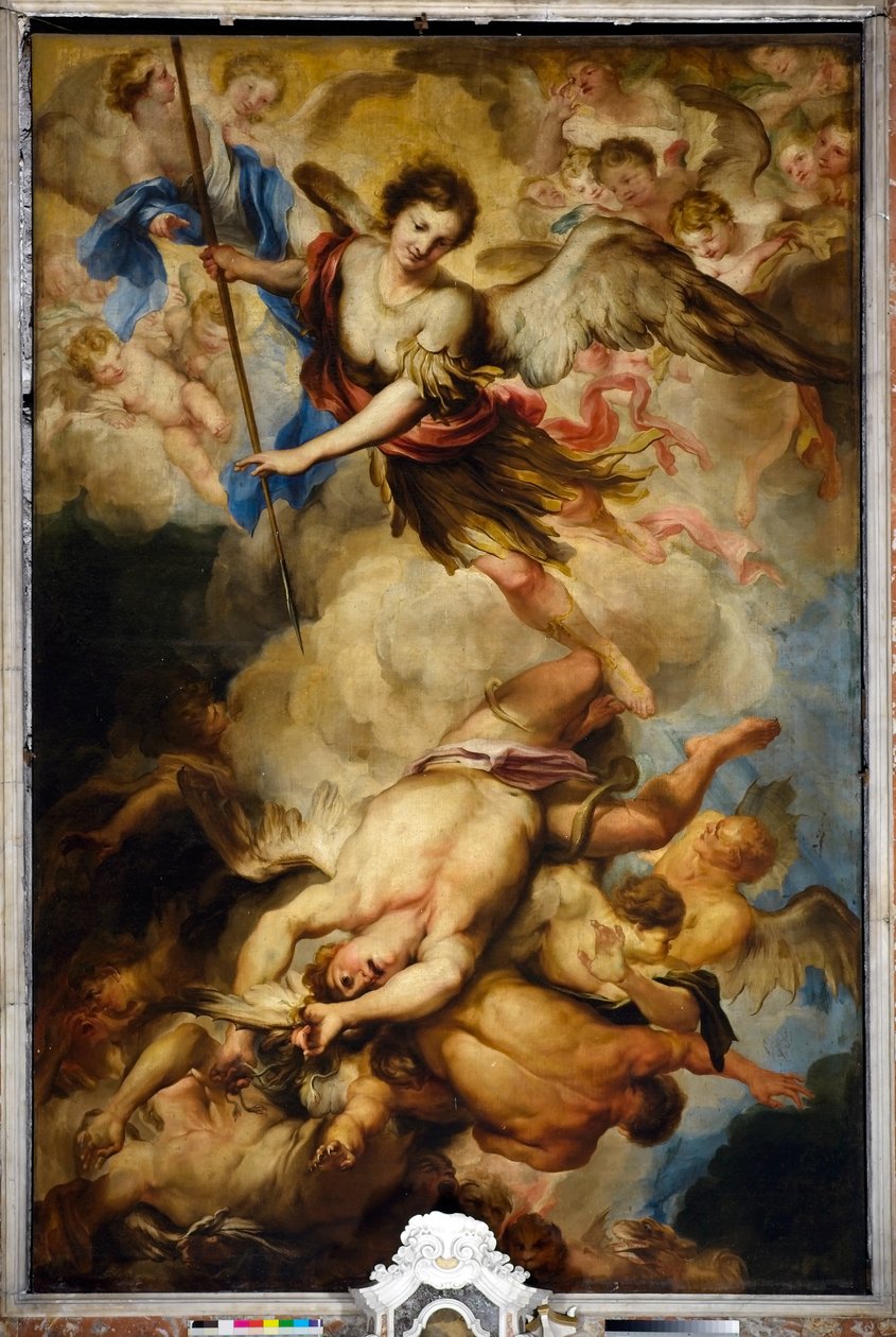 Erkeengelen St. Michael beseire de opprørske englene, ca. 1680 av Gregorio De Ferrari