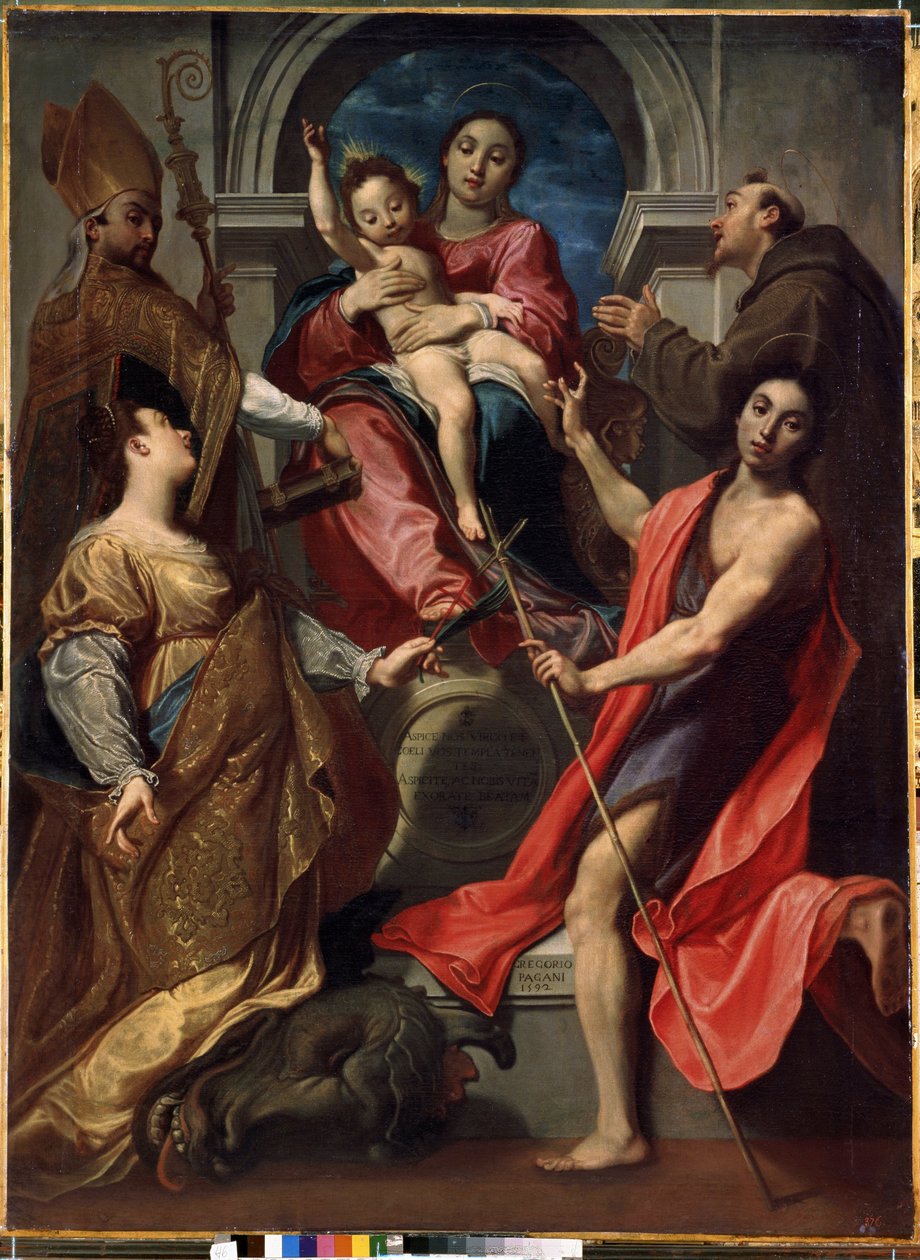 Jomfru og barn med de hellige Frans av Assisi, døperen Johannes, den hellige Margaret av Antiokia og den hellige Gregor den store (Jomfru og barn med de hellige Frans av Assisi, døperen Johannes, Margaret og Gregor den store). Maleri av Gregoire Pagani (15 av Gregorio Pagani