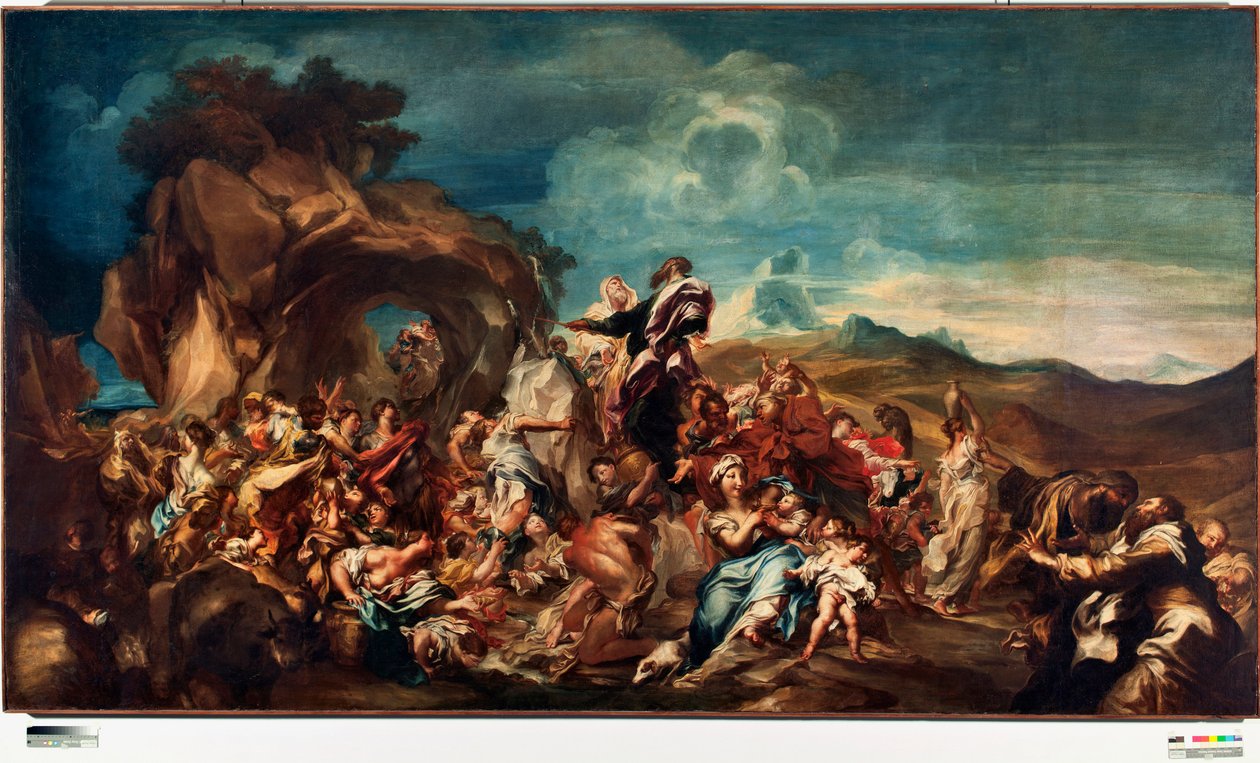 Moses slår vann fra klippen Maleri av Gregorio De Ferrari (1647-1726) Gener, nye gatemuseer av Gregorio De Ferrari