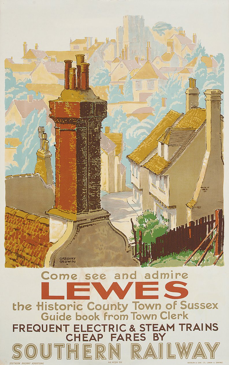 Lewes, plakat som annonserer Southern Railway (farge litho) av F. Gregory Brown