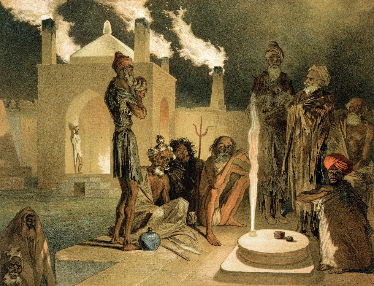 Ateseh-Gah, Indians Devoted to the Cult of Fire, Baku, plate 44 fra en bok om Kaukasus, gravert av Leroux, pub. av Alfred Leon Lemercier, 1847 av Grigori Grigorevich Gagarin