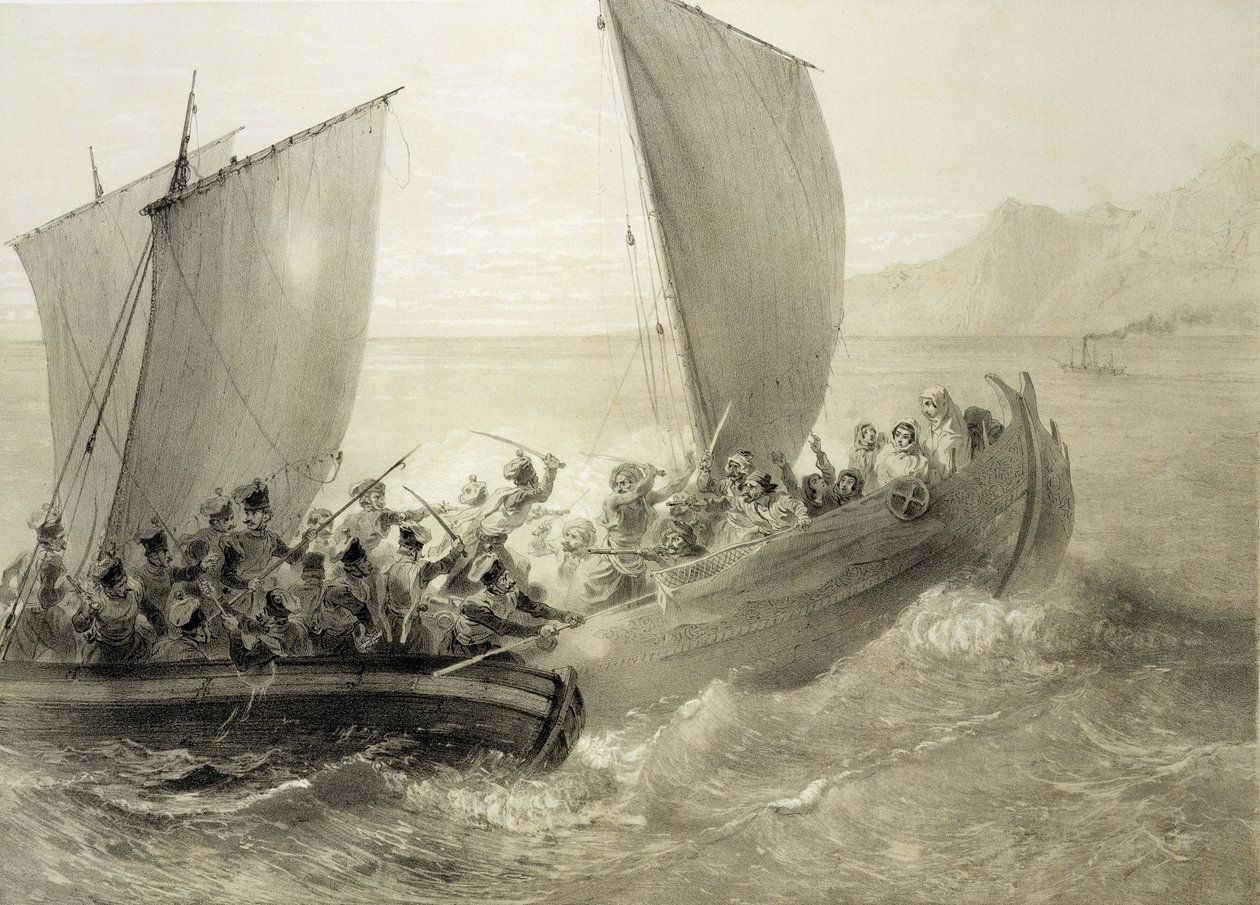 Azov-kosakker ombord på en tyrkisk Corsair full av Cherkessk-kvinner på kysten av Svartehavet, gravert av puben Adolphe Bayot (1810-66) og Leon Sabatier (fl.1827-87). av Alfred Leon Lemercier, 1847 ( av Grigori Grigorevich Gagarin