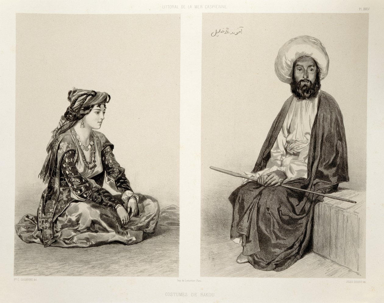 Costumes of Baku, Caspian Coast, plate 35 fra en bok om Kaukasus, gravert av Jules Didier (1831-92), utgitt av Alfred Leon Lemercier, Paris, 1847 av Grigori Grigorevich Gagarin