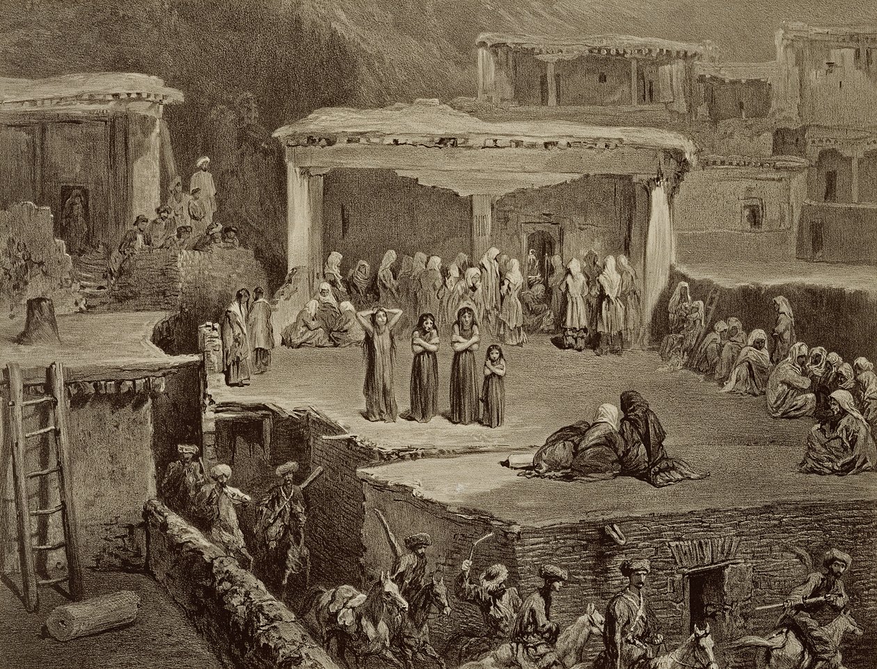 Begravelsesseremoni i ruinene i Akhaltchi, Dagestan, plate 70 fra en bok om Kaukasus, gravert av Eugene Le Roux (1807-63) utgitt av Alfred Leon Lemercier, Paris, 1847 av Grigori Grigorevich Gagarin