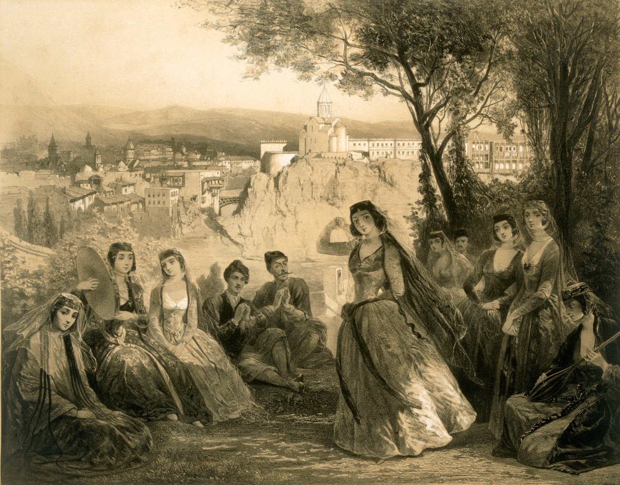 Hage nær Tiflis, Georgia, plate 27 fra en bok om Kaukasus, utgitt av Alfred Leon Lemercier, Paris, 1847 av Grigori Grigorevich Gagarin
