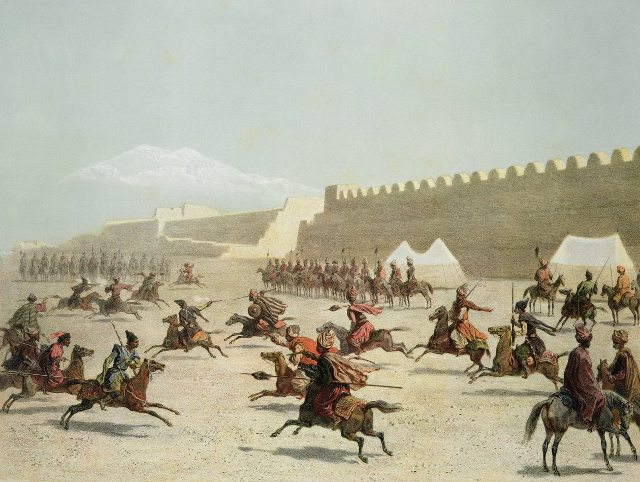 Kurdiske og tatariske krigere ved Sadar Abbat, Armenia, plate 15 fra en bok om Kaukasus, Rayot og Jacottet, utgitt av Alfred Leon Lemercier, Paris, 1847 av Grigori Grigorevich Gagarin