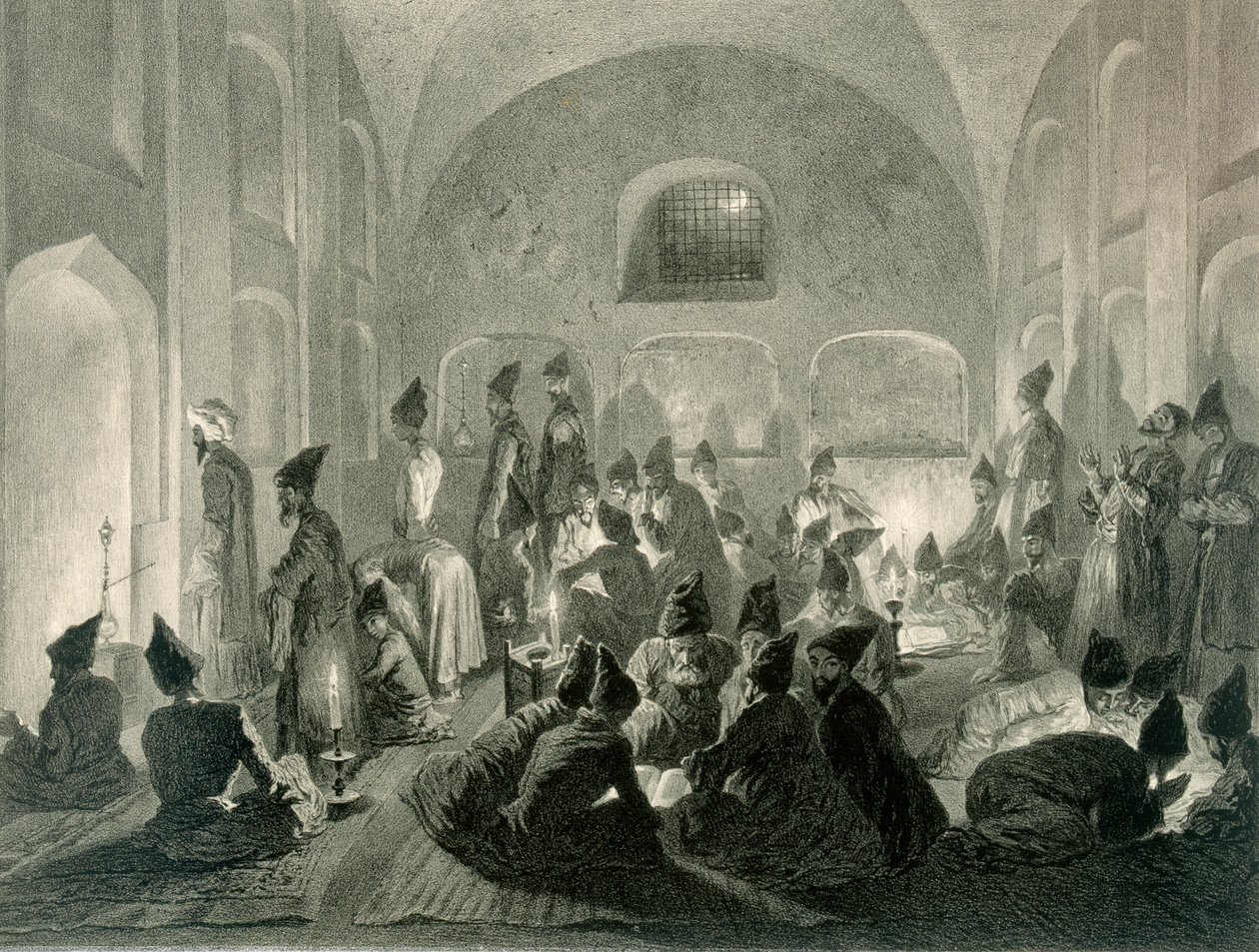 Persisk moske i Jerevan, Armenia, en natt under Ramadan, plate 19 fra en bok om Kaukasus, gravert av Eugene Le Roux (1807-63) utgitt av Alfred Leon Lemercier, Paris, 1847 av Grigori Grigorevich Gagarin