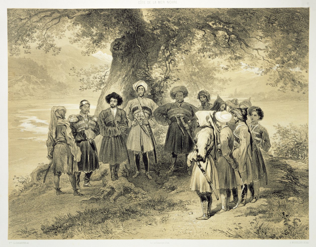 Gjenforening av Tcherkesse Princes, Sodja Valley, ved Svartehavet, plate 3 fra en bok om Kaukasus, gravert av Adolphe Mouilleron (1820-81), utgitt av Alfred Leon Lemercier, Paris, 1847 av Grigori Grigorevich Gagarin