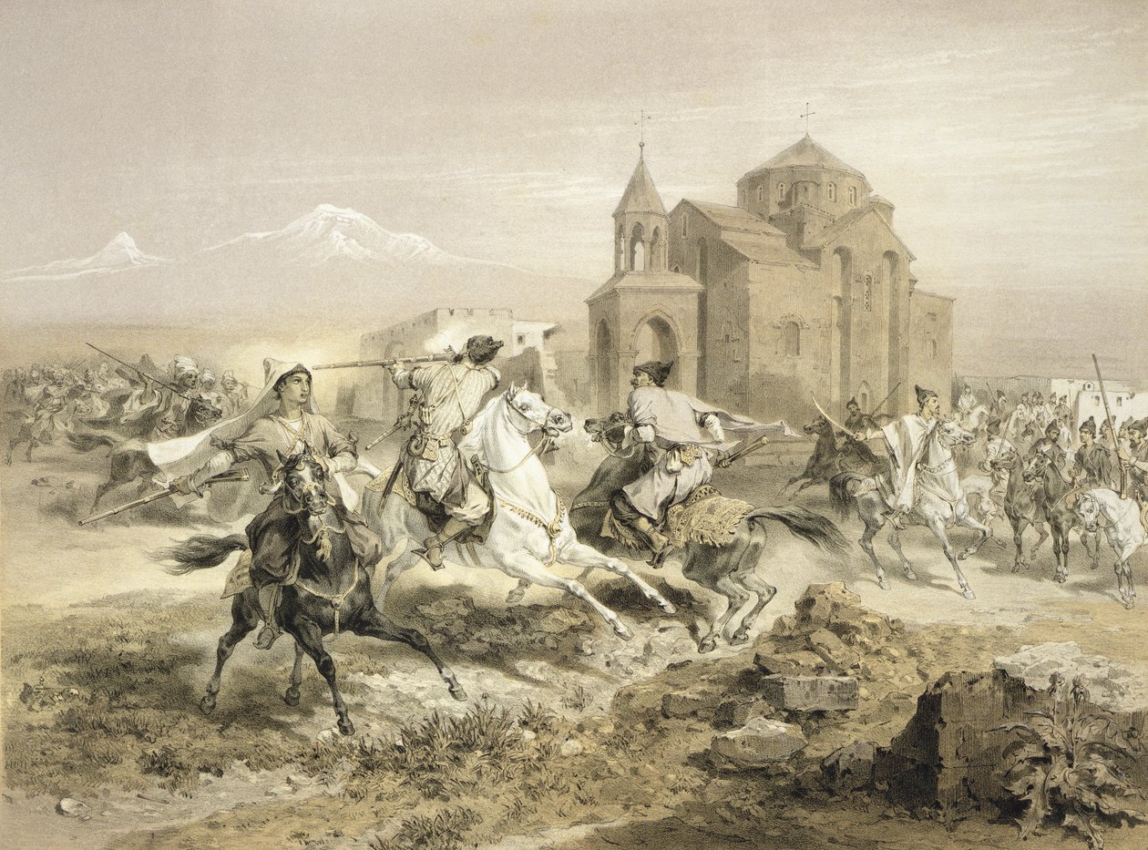Tredning mellom persere og kurdere i Armenia, plate 13 fra en bok om Kaukasus, gravert av Adolphe Jean-Baptiste Bayot (1810-66) utgitt av Alfred Leon Lemercier, Paris, 1847 av Grigori Grigorevich Gagarin