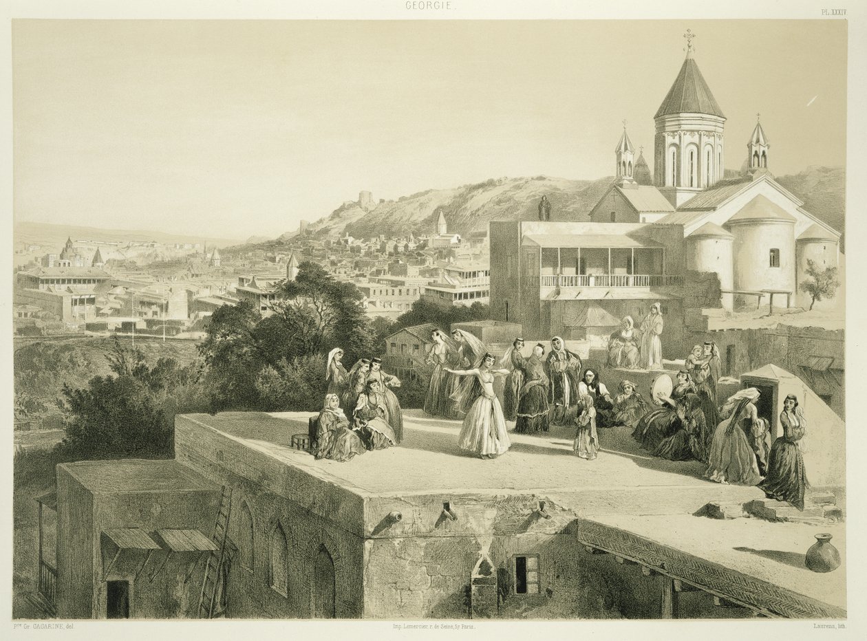 The Terraces of Tiflis, Georgia, plate 34 fra en bok om Kaukasus, gravert av Laurens, utgitt av Alfred Leon Lemercier, Paris, 1847 av Grigori Grigorevich Gagarin