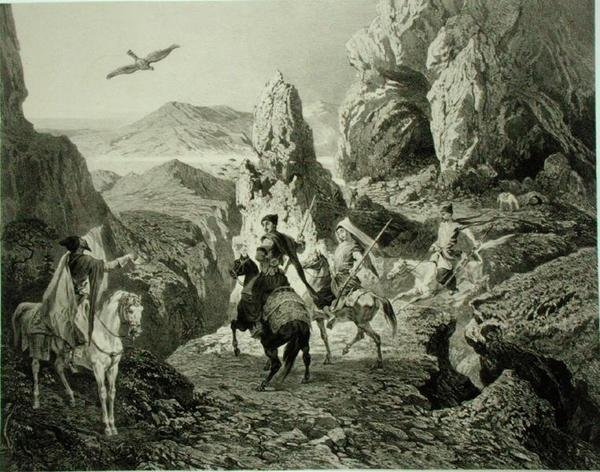 A Falcon Hunt nær Jerevan, Armenia, plate 20 fra en bok om Kaukasus, gravert av Eugene Ciceri (1813-90) og Adolphe Jean-Baptiste Bayot (1810-66), utgitt av Alfred Leon Lemercier, Paris av Grigori Grigorevich (after) Gagarin