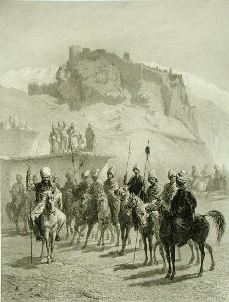 Castle of Atskhour, Akhaltsik, plate 10 fra en bok om Kaukasus, gravert av Adolphe Mouilleron (1820-81) utgitt av Alfred Leon Lemercier, Paris av Grigori Grigorevich (after) Gagarin