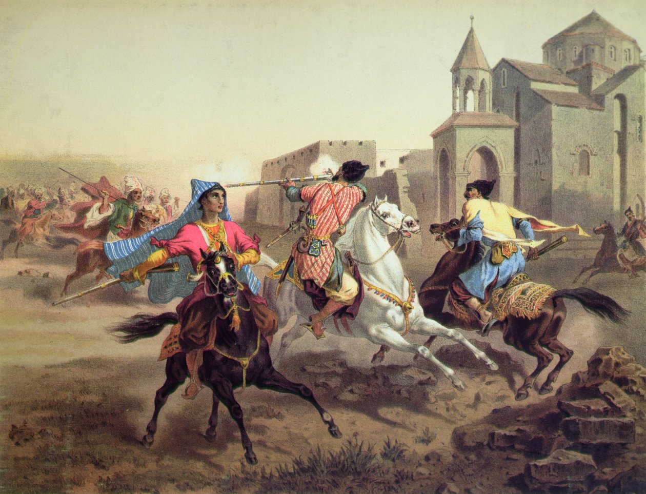 Tredning mellom persere og kurdere i Armenia, trykt av Alfred Leon Lemercier, Paris, ca. 1850-60 (farge litho) av Grigori Grigorevich (after) Gagarin