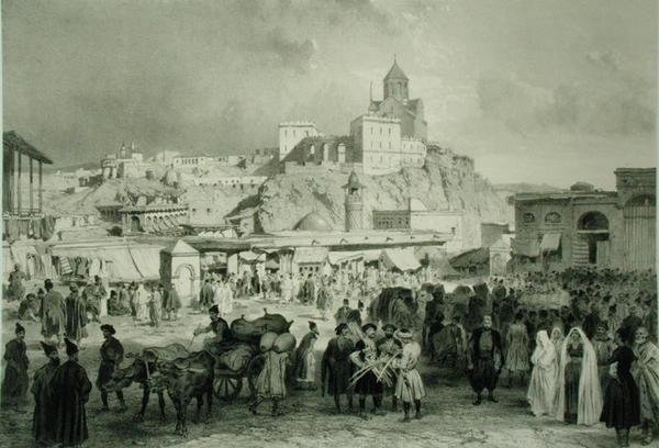 Basaren på Maidan Square, Tiflis, Georgia, plate 25 fra en bok om Kaukasus, gravert av Adolphe Jean-Baptiste Bayot (1810-66) og Eugene Ciceri (1813-90), utgitt av Alfred Leon Lemercier, Paris av Grigori Grigorevich (after) Gagarin
