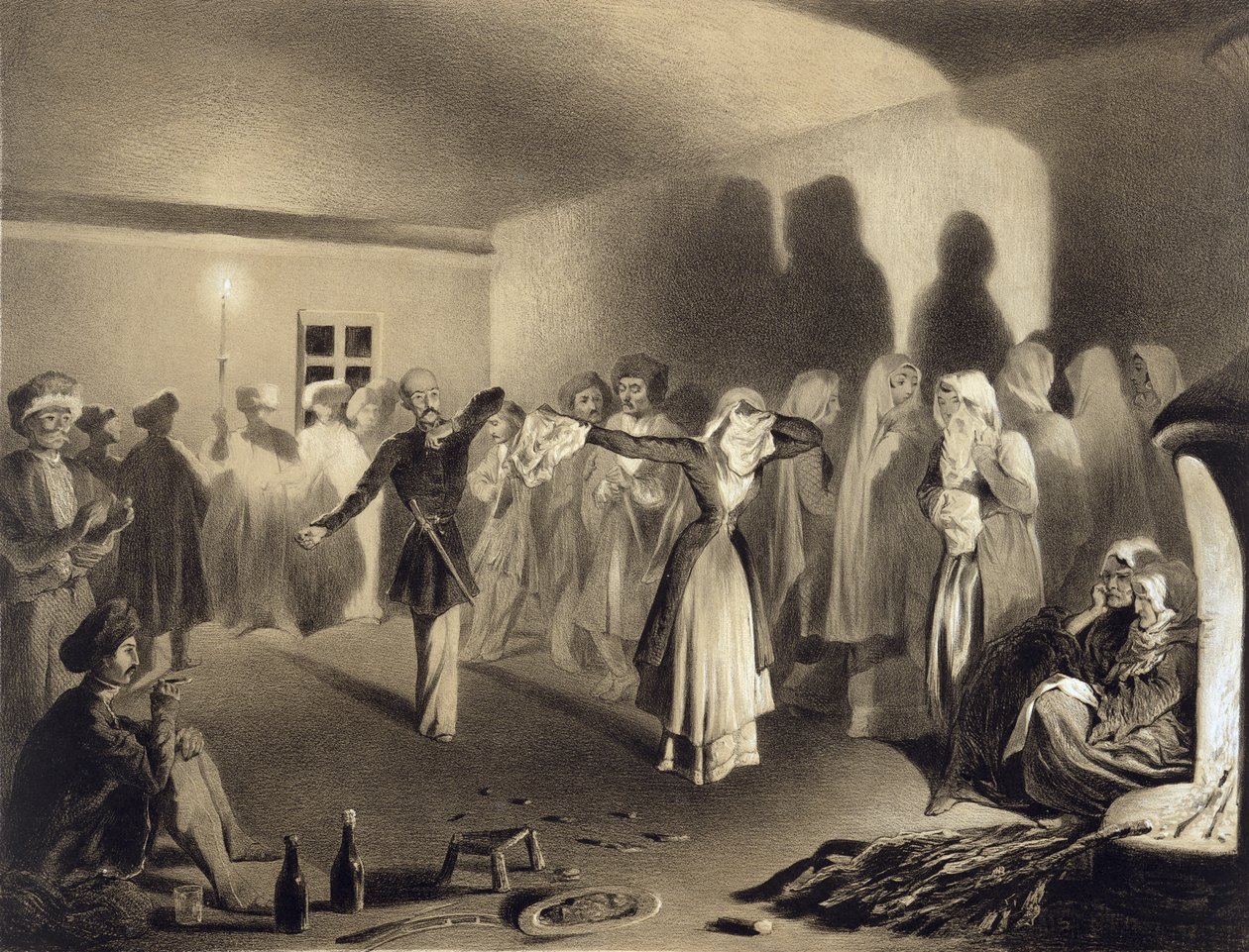 Dansefest på Kagha-Choura, Dagestan, plate 55 fra en bok om Kaukasus, gravert av Celestin Francois Nanteuil (1813-73) utgitt av Alfred Leon Lemercier, Paris, 1847 av Grigori Grigorevich Gagarin