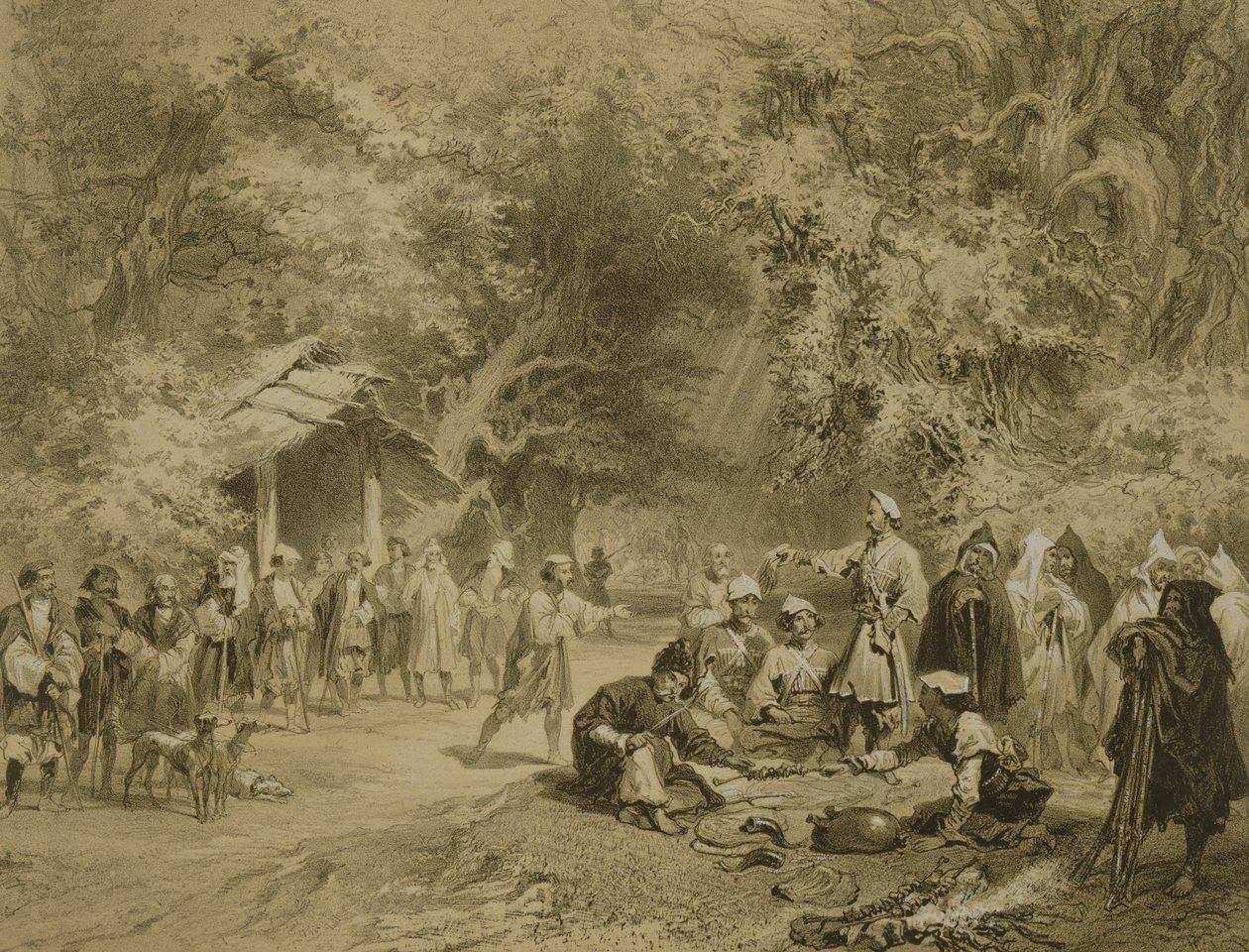 End of the Hunt, Mingrelia, plate 6 fra en bok om Kaukasus, gravert av Adolphe Mouilleron (1820-81) utgitt av Alfred Leon Lemercier, Paris, 1847 av Grigori Grigorevich Gagarin