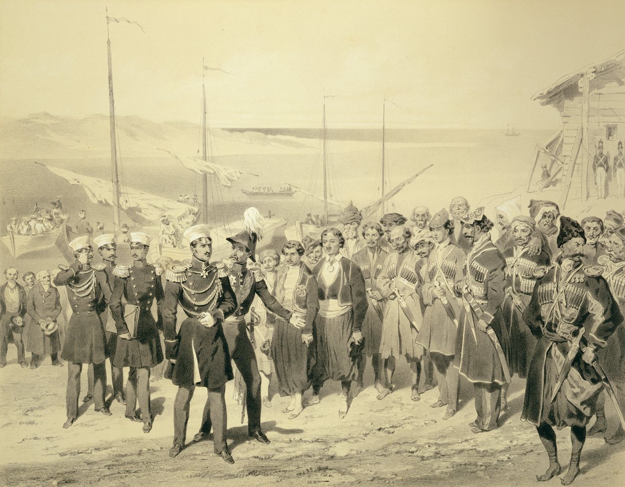 Landing av en militær leder ved Redout-Kale, ved Svartehavet, plate 5 fra en bok om Kaukasus, gravert av Adolphe Jean-Baptiste Bayot (1810-66) utgitt av Alfred Leon Lemercier, Paris, 1847 (l av Grigori Grigorevich Gagarin