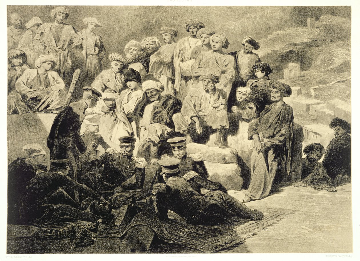 Military Meal in the Ruins at Sioukh, Dagestan, plate 69 fra en bok om Kaukasus, gravert av Celestin Francois Nanteuil (1813-73) utgitt av Alfred Leon Lemercier, Paris, 1847 av Grigori Grigorevich Gagarin
