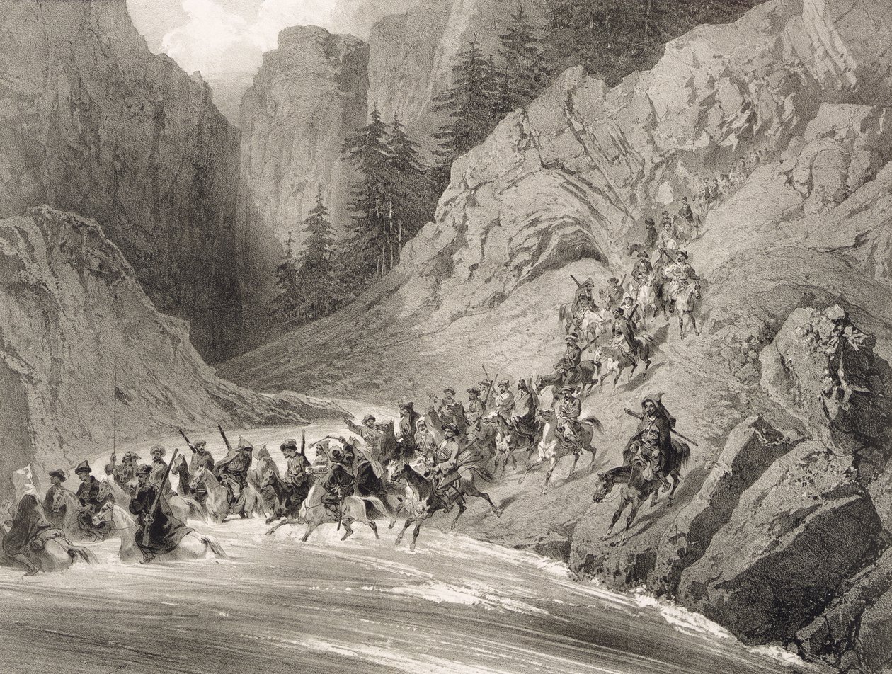 Tcherkersseians on a Raid nær Svartehavet, plate 4, fra en bok om Kaukasus, gravert av Eugene Ciceri (1813-90) og Adolphe Jean-Baptiste Bayot (1810-66), utgitt av Alfred Leon Lemercier, P av Grigori Grigorevich Gagarin