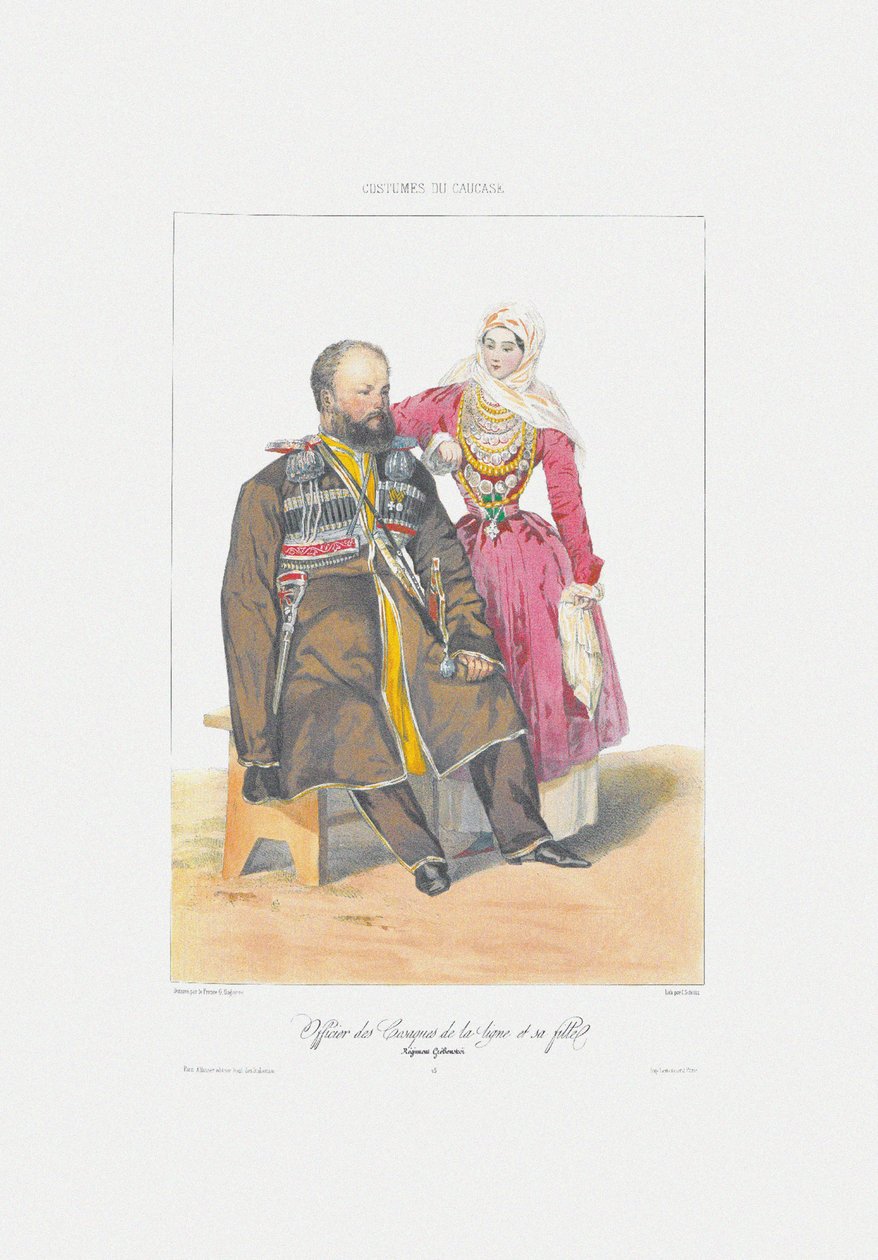 Terek Cossack with Daughter Fra: Scener, paysages, meurs et costumes du Caucase, 1840 av Grigori Grigorevich Gagarin