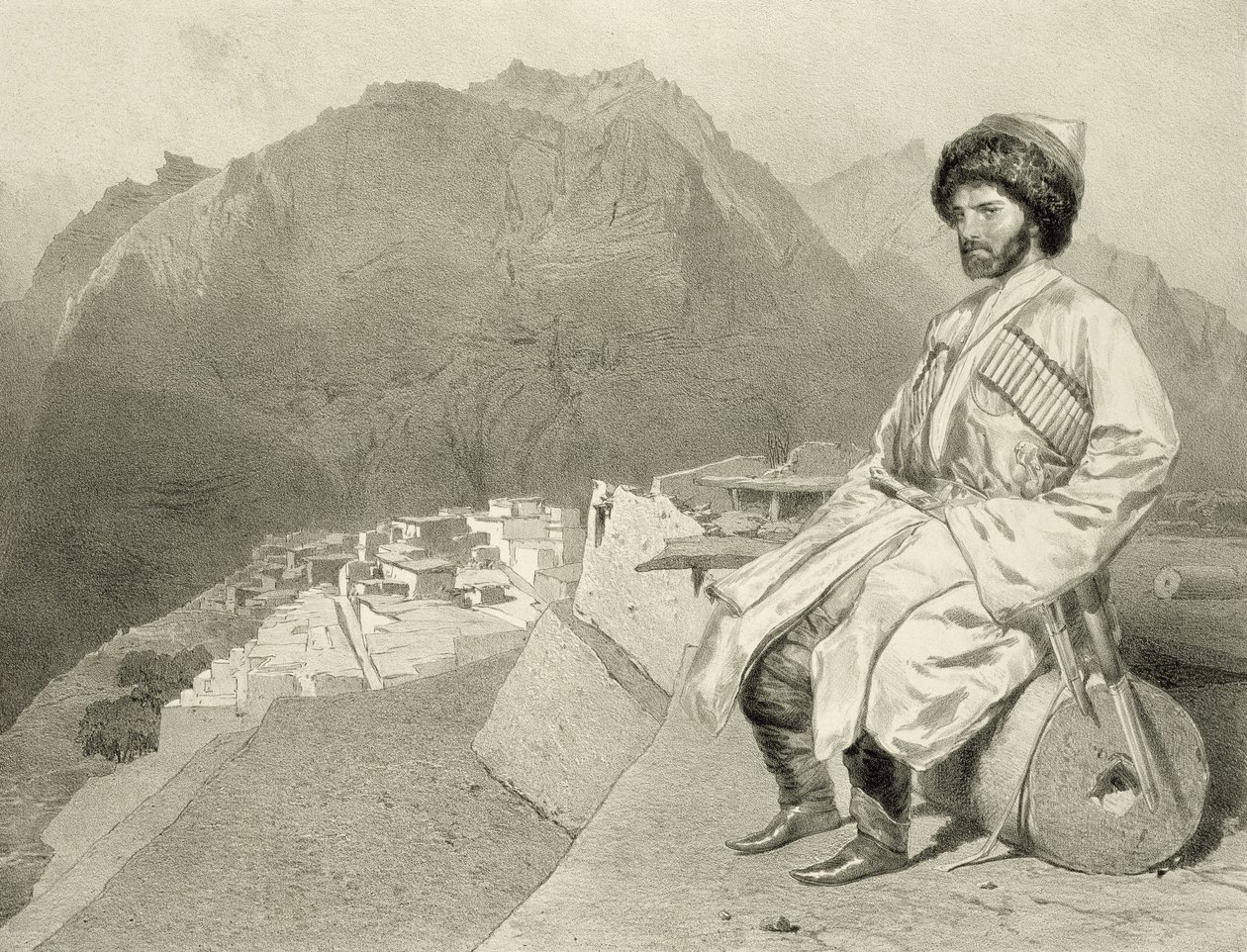 Utsikt over Ghimri og portrett av Hadji-Mourad, plate 66 fra en bok om Kaukasus, gravert av Jules Joseph Augustin Laurens (1825-1901) og Eugene Ciceri (1813-90) av Adolphe Mouilleron (1820-81), pu av Grigori Grigorevich Gagarin