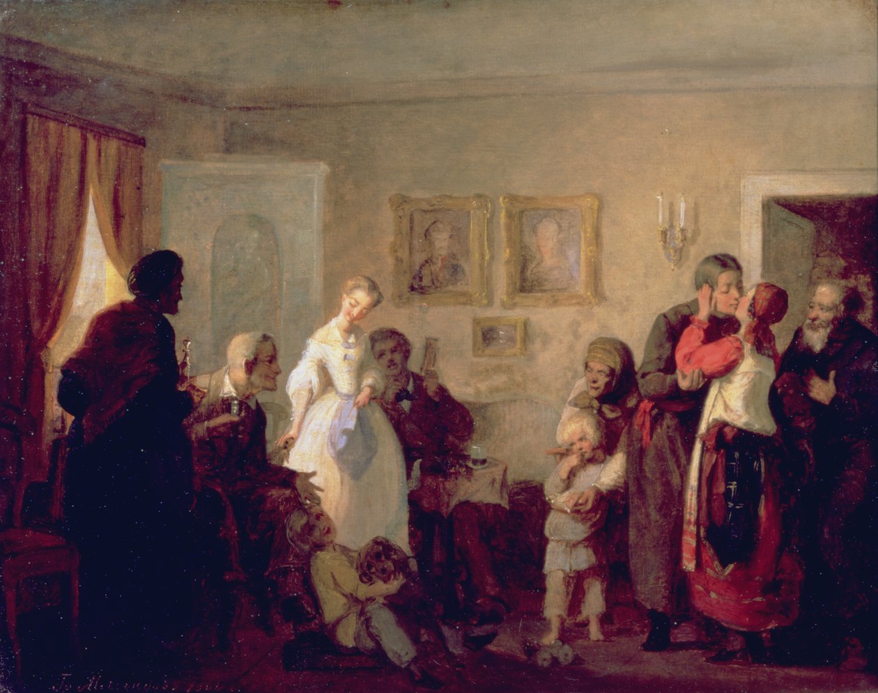 Gratulerer til de nygifte i en herregård, 1860 av Grigori Grigorievich Mjasoedov