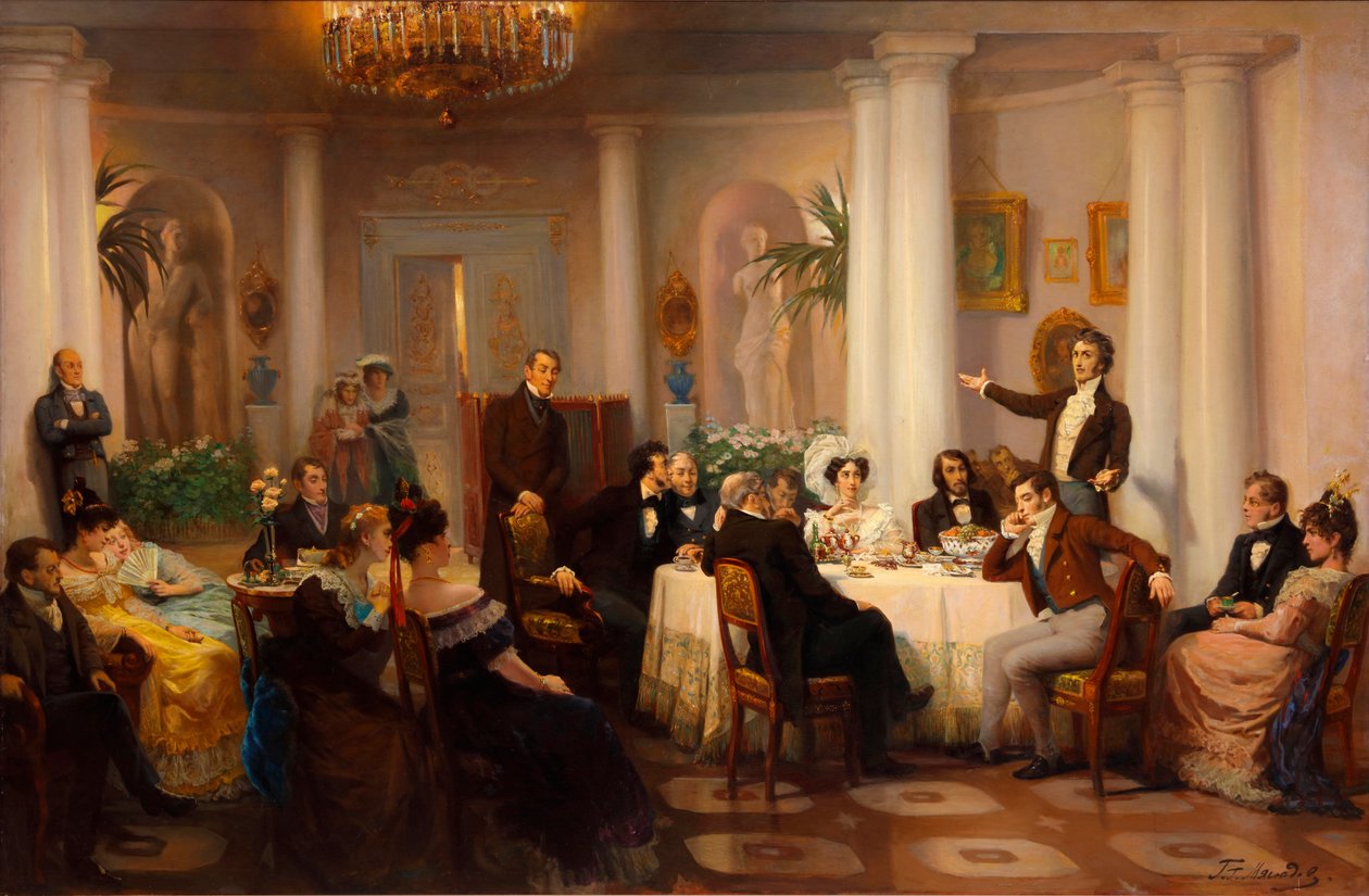 Pushkin og vennene hans lytter til Adam Mickiewicz i salongen til prinsesse Zinaida Volkonskaya, 1899 av Grigori Grigorievich Mjasoedov