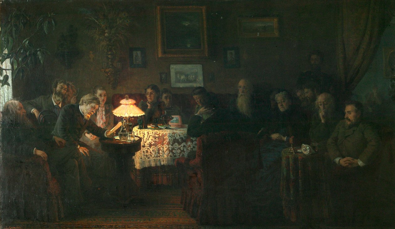 Lesningen av novellen Kreutzer-sonaten i Leo Tolstoy-huset, 1889 av Grigori Grigorievich Mjasoedov