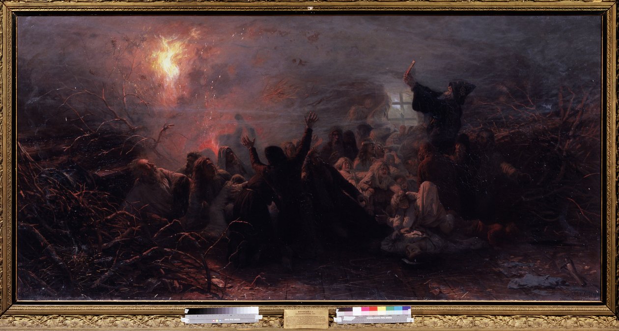 Selvbrenning. Episode av raskol (eller skisma) av den ortodokse kirke i 1666-1667, da i tegn på protest mot reformene til patriarken av Moskva, satte visse gamle troende seg i brann i frykt for slutten av e. av Grigori Grigoryevich Myasoedov