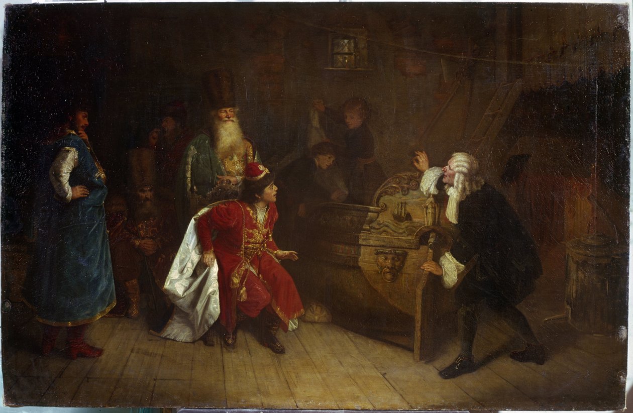Bestefaren til den russiske flåten. (Bestefaren til den russiske flåten). Scene fra barndommen til Peter I den store (1672-1725), i huset til bestefaren Nikita Romanov (?), oppdaget han en engelsk kano, som var opphavet til hans lidenskap for navigasjon. M av Grigori Grigoryevich Myasoedov