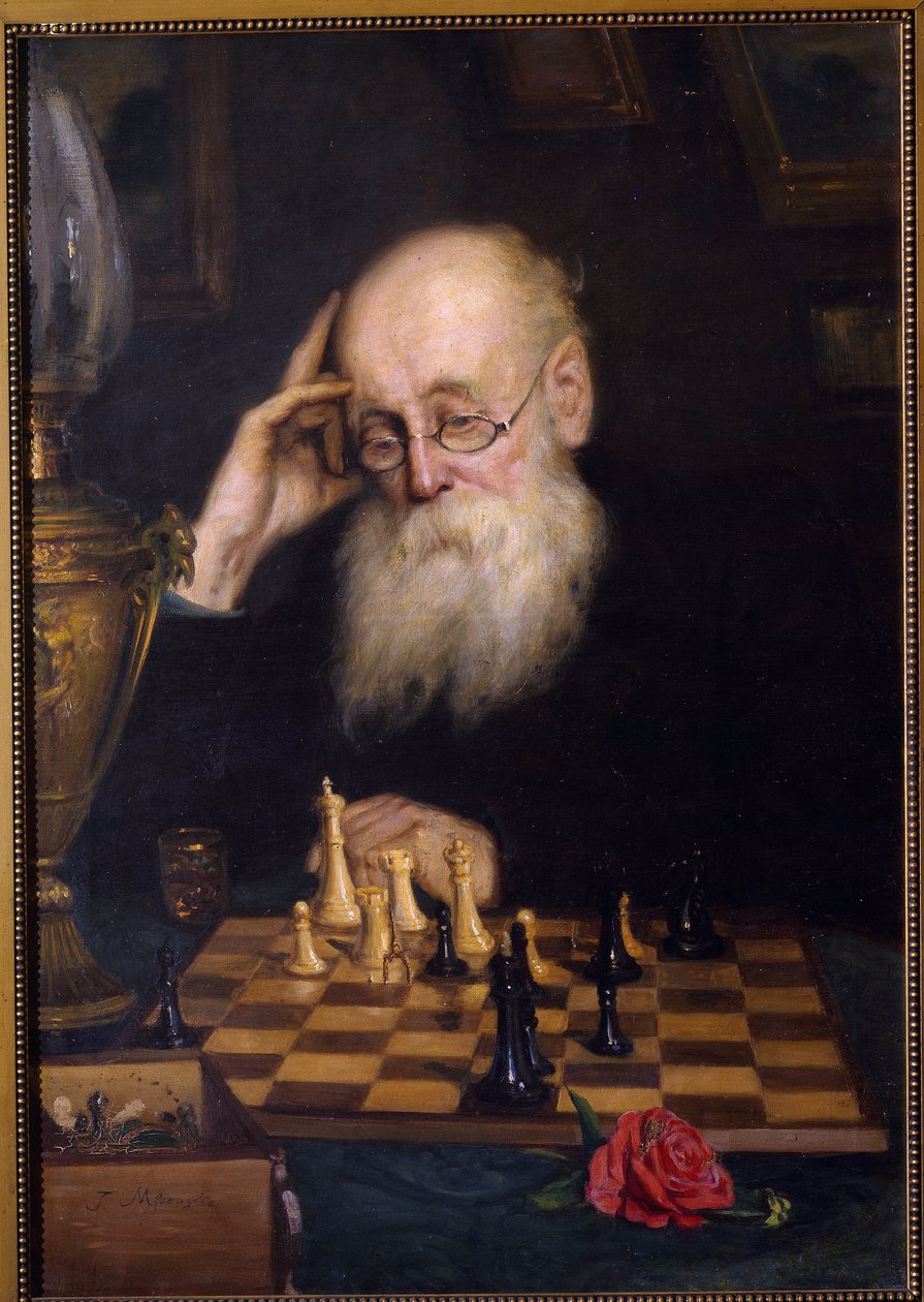 Sjakk mot seg selv (Sjakk med seg selv). Maleri av Grigori (Grigoriy, Grigory) Grigoryevich Myasoyedov (Myasoedov, Miasoedov) (1834-1911), olje på lerret av Grigori Grigoryevich Myasoedov