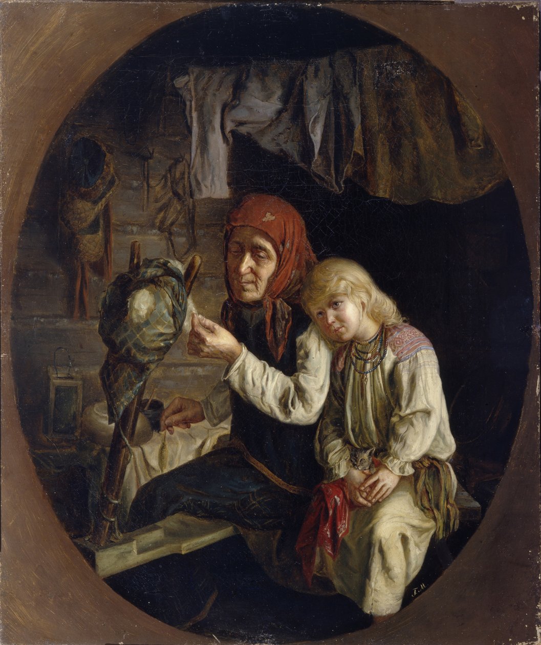 Spinning leksjon, 1859 av Grigori Grigoryevich Myasoedov