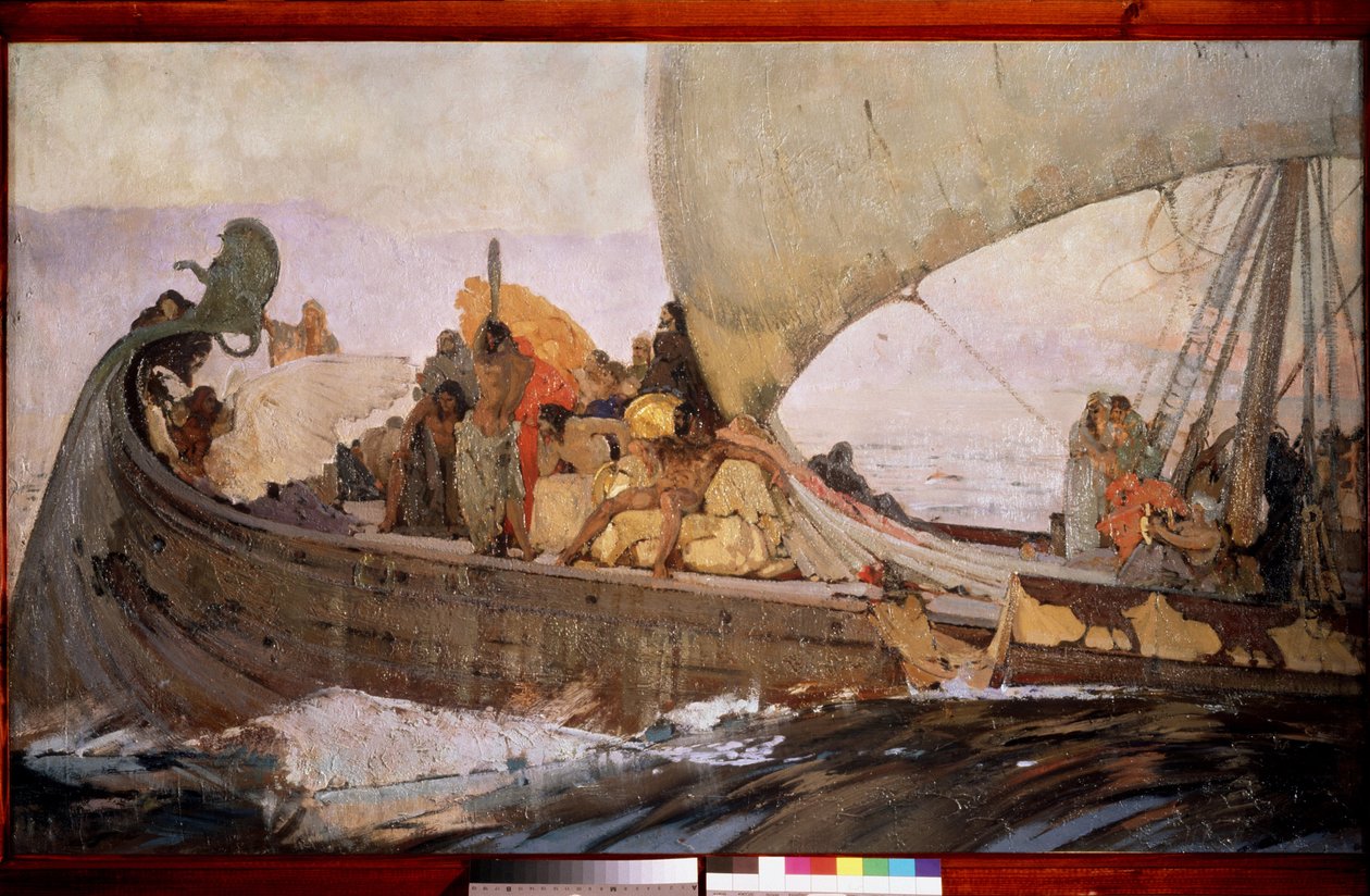 En reise med minoerne. Gå ombord for å seile utenfor Kreta. Maleri av Ivan Grigoryevich Myasoyedov (Miasoyedov, Miasoyedov) (1881-1953), olje på lerret av Grigori Grigoryevich Myasoedov