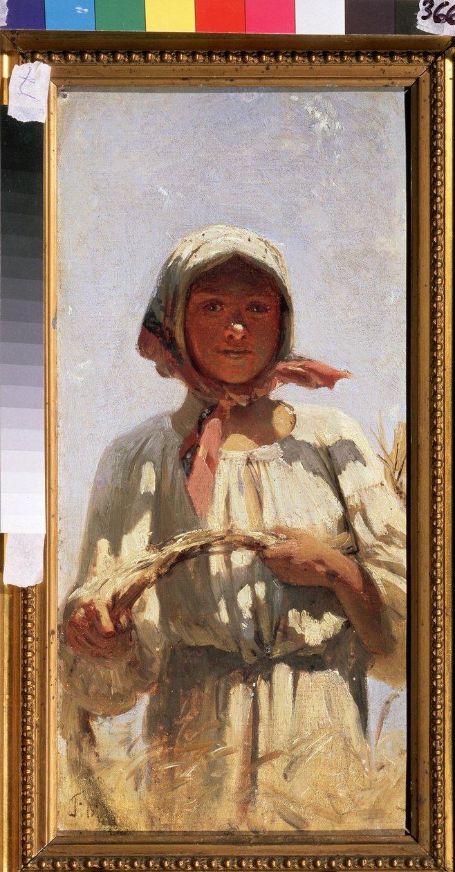 En høster. Portrett av en ung bondekvinne i tradisjonell drakt, i en hveteåker midt på sommeren for innhøstingen. Maleri av Grigori (Grigoriy, Grigory) Grigoryevich Myasoyedov (Myasoedov, Miasoedov) (1834-1911), olje på lerret. ru kunst av Grigori Grigoryevich Myasoedov