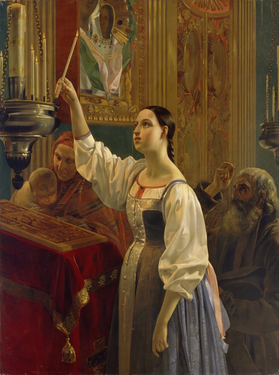 En jente plasserte et stearinlys foran ikonet, 1842 av Grigori Karpovich Mikhaylov