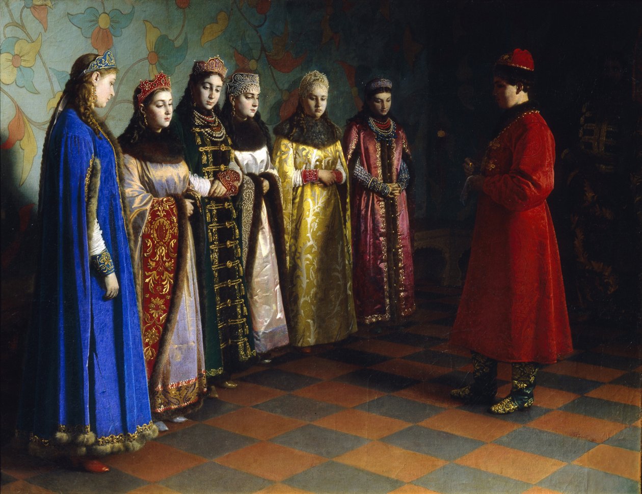 Tsar Alexei Mikhailovich velger en brud, 1882 av Grigori Semenovich Sedov