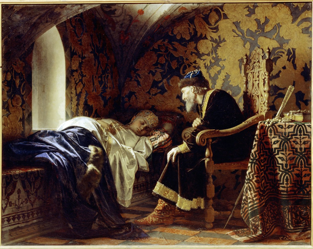 Vassissa Melentieva (død 1579) og tsar Ivan IV den grusomme (1530-1584). (Vasilisa Melentyevna og tsaren Ivan The Terrible). Den unge og vakre kvinnen, tsarens sjette kone, sover på en benk, under det ømme blikket til Ivan Terroren. av Grigori Semenovich Sedov
