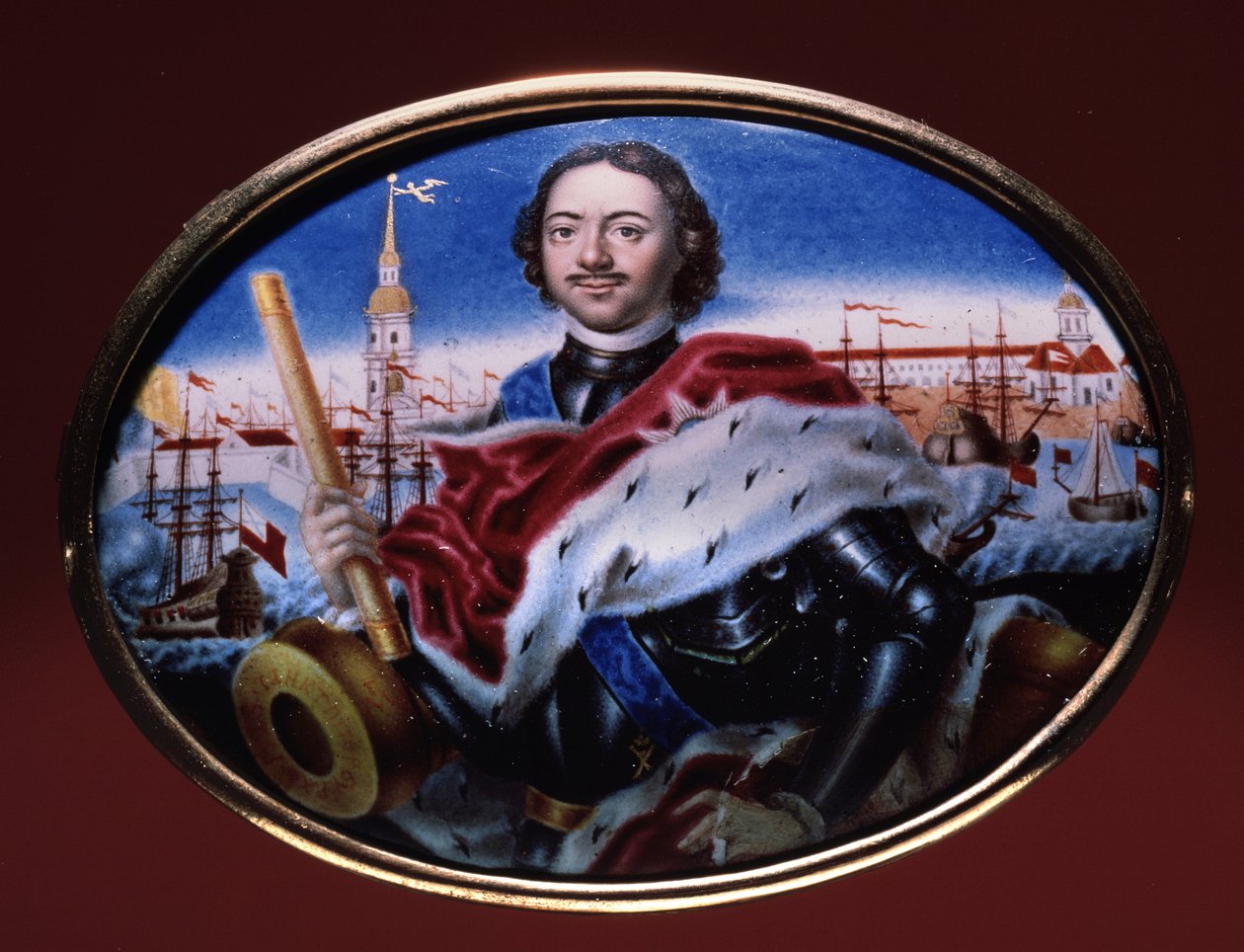 Portrett av keiser Peter I den store (1672-1725), med utsikt over St. Peter og St. Paul-festningen i St. Petersburg. (Portrett av keiser Peter I med utsikt over Peter og Paul-festningen i St. Petersburg). Kunstverk av Grigori Semyonovich Mu av Grigori Semyonovich Musiklysky
