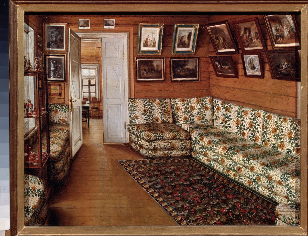 Mottaksrommet i en herregård - Maleri av Grigori Vasilyevich Soroka (1823-1863), olje på lerret - russisk kunst fra 1800-tallet - Statens friluftsmuseum for historie og kunst, Pskov ( Russland) av Grigori Vasilievich Soroka