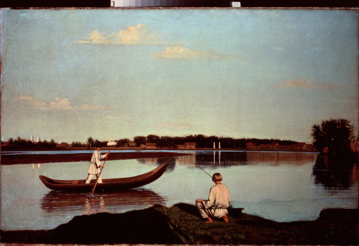 En linefisker (Og en ung roer, som står i en båt) - En sportsfisker - Maleri av Grigori Vasilyevich Soroka (1823-1863), olje på lerret, ca. 1840 - Russisk kunst av Grigori Vasilievich Soroka