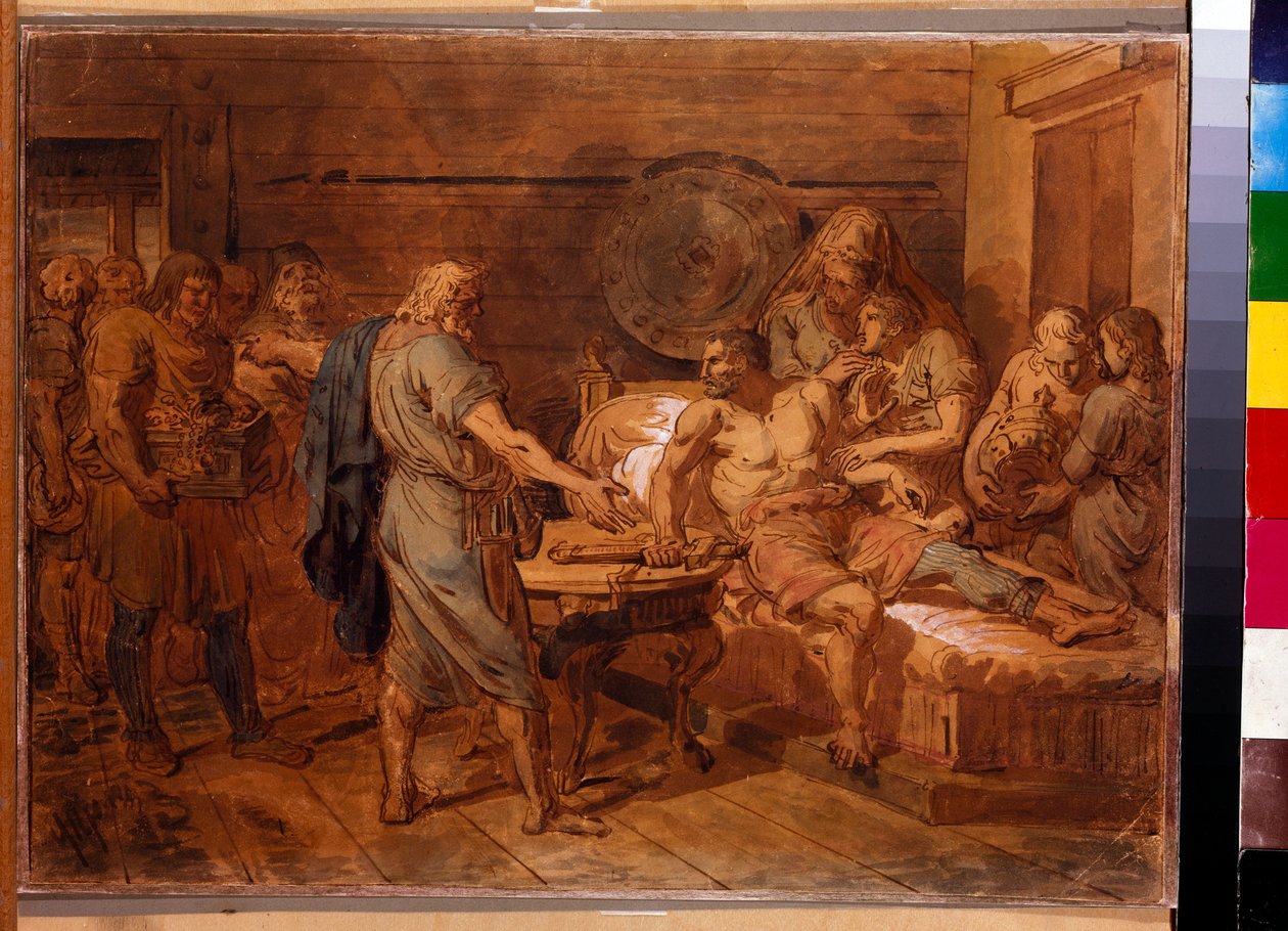 Kuzma Minins (død 1616) appell til prins Dmitri Pozharsky (1577-1642) - Verk av Grigori Ivanovich Ugryumov (Ugrioumov) (1764-1823), akvarell og hvitt på papir, rundt 1800 (31,6x42 cm) - (Kuz appellerer tilma Mini) - (Kuzma Mini) prinsen Dmitrij Pozharsky,  av Grigoriy Ivanovich Ugryumov